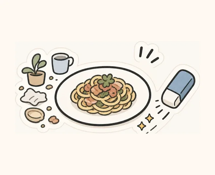 料理皿の周りを片付ける手書きイラスト