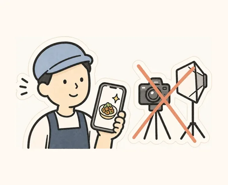 スマホを持つ店員と撮影機材の手書きイラスト