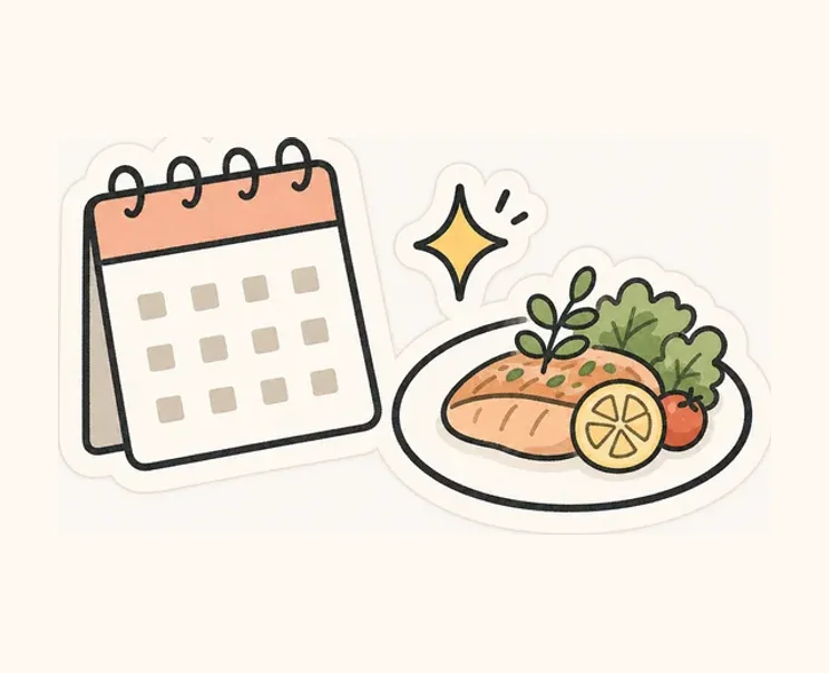 カレンダーと料理皿ときらめきの手書きイラスト