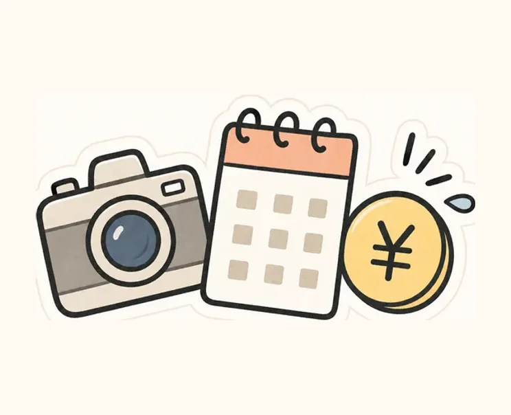 カメラ、カレンダー、コインの手書きイラスト